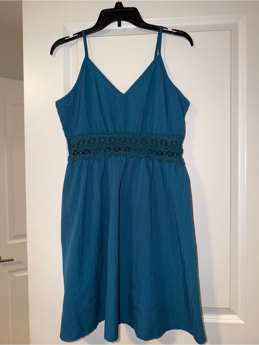 Macy's Teal Spaghetti Strap V-Neck Dress with Crochet Waist
